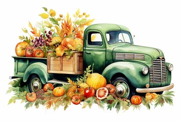 A vintage truck filled with autumn harvest of wicker basket, pumpkins, sunflower, apples, and colorful leaves. Watercolor illustration of a green retro car. Generative AI