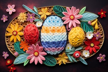 Colorful quilled Easter egg card with festive background. Generative AI