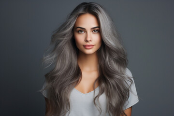 Fototapeta premium Generative AI picture of beautiful woman fashion model with long dyed gray color hair