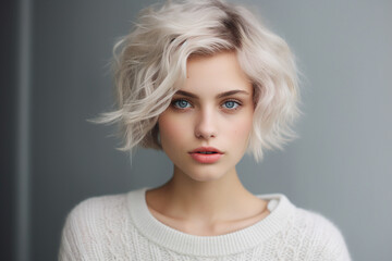 Fototapeta premium Generative AI picture of beautiful blonde woman fashion model after salon hairdresser procedure