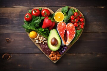 A colorful and healthy assortment of fruits and vegetables arranged in the shape of a heart - obrazy, fototapety, plakaty