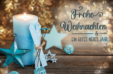 Text Frohe Weihnachten, Means Merry Christmas, Turquoise Christmas Decor - obrazy, fototapety, plakaty