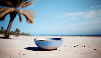 Fototapeta na wymiar Vacant bowl placed on a sandy beach with palm trees and a blue sky in the backdrop