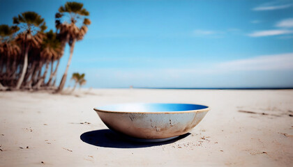 Fototapeta na wymiar Vacant bowl placed on a sandy beach with palm trees and a blue sky in the backdrop