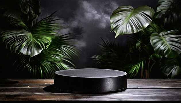 Vacant circular podium made of black material positioned on a wooden table in front of lush tropical plants