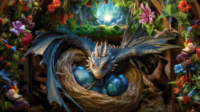 New born baby dragon emerges from egg in its den