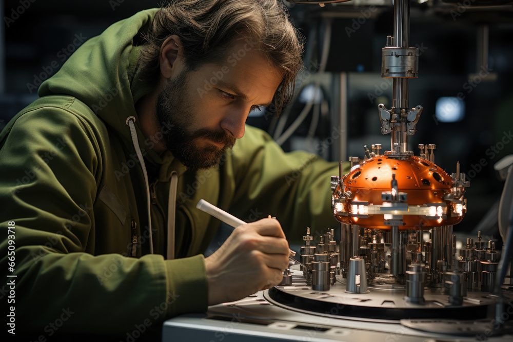 Poster a worker assembling components for a small modular reactor, demonstrating the versatility of atomic 