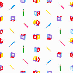 Children's patern with letter cubes and colored pencils on a white background, hand-drawn digital illustration