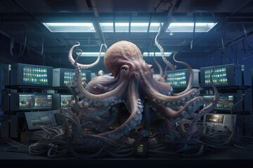 An intelligent octopus using computer monitors for its work - obrazy, fototapety, plakaty