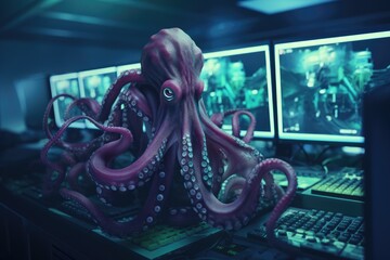 A curious octopus exploring a desktop computer