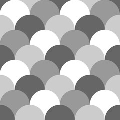 Fish scale wallpaper. Asian traditional ornament with repeated scallops. Repeated white curves on black background. Seamless surface pattern design with semicircles. Grid motif. Digital paper. Vector