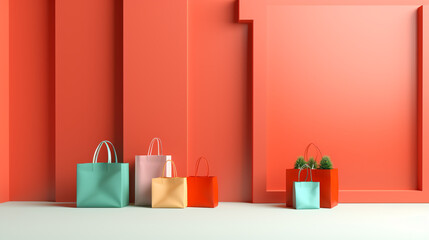 vibrant color shopping bags on abstract geometric cream red wall with copy space. creative concept for fall sale event