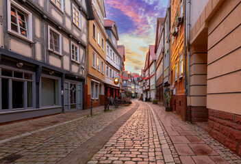 Fototapeta na wymiar Marburg. Old medieval street in the historical center at sunset.