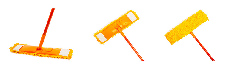 Orange plastic mop with adjustable handle, isolated on white background. Mop for cleaning the...