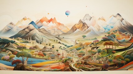 An image of a landscape with various companies represented as mountains, hills, or obstacles - obrazy, fototapety, plakaty