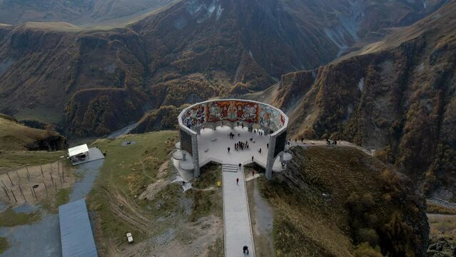 4K footage of Panorama Gudauri the Russia Georgia Friendship Monument