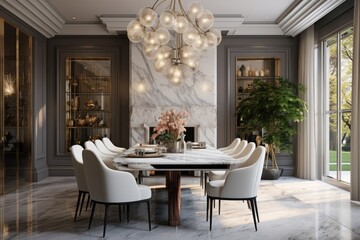 A elegant dining room with a stunning marble table and chic white chairs