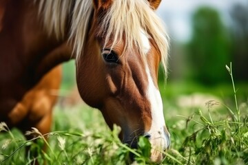 Brown horse with blond hair eats grass on a green meadow detail from the head. - obrazy, fototapety, plakaty