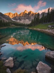 Lake in the mountains.Generative AI.