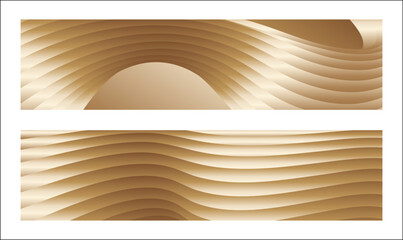 Wavy golden parallel gradient lines, ribbons, silk. Golden with shades of yellow background, banner, poster. Set of 2 backgrounds. Eps vector