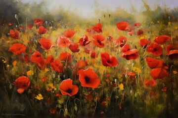 Field of poppies portrayed in an oil painting. Generative AI