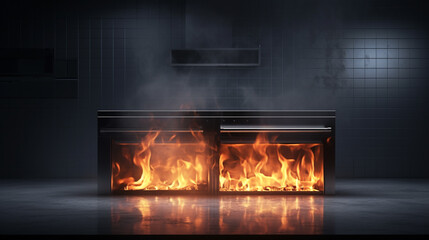 burning gas stove in fire in kitchen. Overheating and malfunctioning technology equipment for cooking and food preparing background with copy space