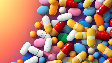 Assorted of colorful medicine pills and supplement capsules background. Generative AI