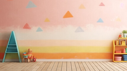 The playroom of kindergarten background with pink walls with colorful triangular paper and wooden floors decorated with colorful furniture.