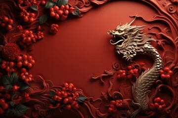 Happy Chinese New Year with relief of a dragon on a red background, the symbol of 2024. Greeting card
