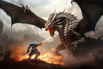 A brave warrior facing off against a ferocious dragon in an epic battle - obrazy, fototapety, plakaty