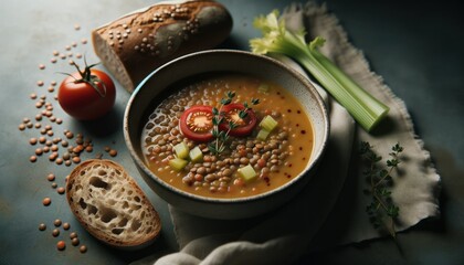 In a calming ambiance, a bowl of lentil soup reveals soft hints of celery and tomatoes. A sprig of thyme gracefully garnishes the soup, with a slice of grain bread tenderly accompanying the setting.