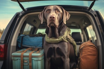 A loyal canine companion enjoying a ride in the truck with its travel essentials - obrazy, fototapety, plakaty