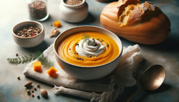A bowl of butternut squash soup, rendered in pastel shades, is adorned with a dollop of sour cream. The tranquil kitchen backdrop features a rustic bread roll, adding warmth to the scene.