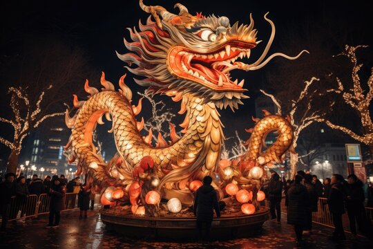 Huge figure of a Chinese dragon on the background of the city street, preparation for the 2024 New Year celebration