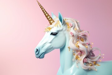 A majestic unicorn sculpture with a shimmering gold horn