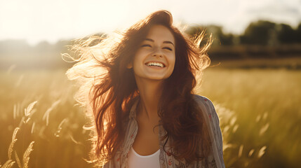 Young happy smiling woman standing in a field with sun shining through her hair. Generative AI