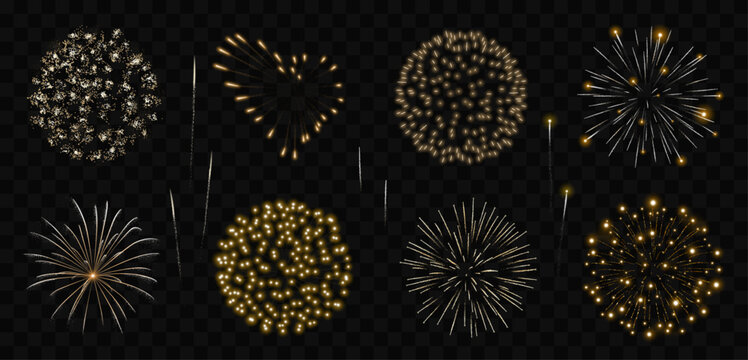 Gold fireworks vector set. Collection of realistic golden fireworks isolated on transparent background.