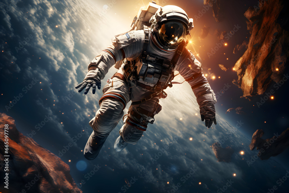 Wall mural astronaut floating in spacewalk. beauty of deep space. adventure of spaceman. wonders of outer space