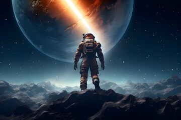 Fototapeta na wymiar Astronaut stands on the moon and looks at a large planet. Galaxies in the universe. Space and universe exploration concept