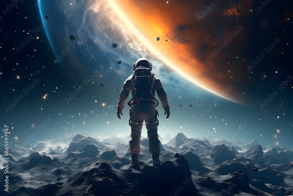 Wall mural an astronaut stands on the surface of the moon, looking at the beauty of deep space. space and unive