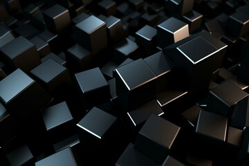 Arrangement of black 3D shapes forming a business abstract background, rendered in 3D. Generative AI