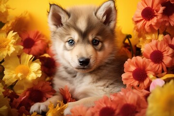 Adorable wolf cub surrounded by vibrant flowers against a sunny yellow backdrop, representing the essence of spring. Generative AI