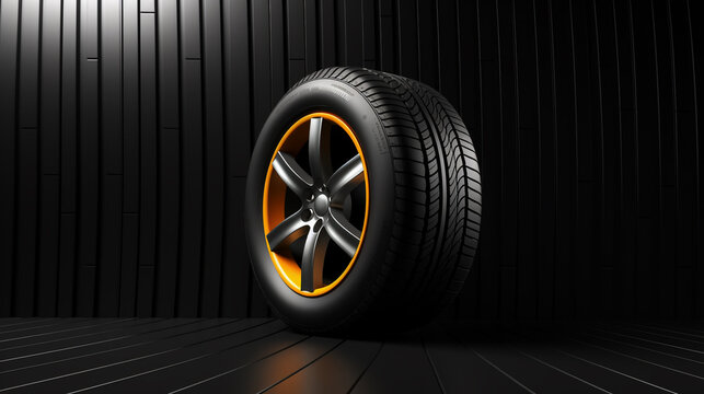 The tire of the car is on the minimalist modern garage. Advertising banner. A wheel against the color background. Web. Advertising for the sale of winter and summer wheels background with copy space