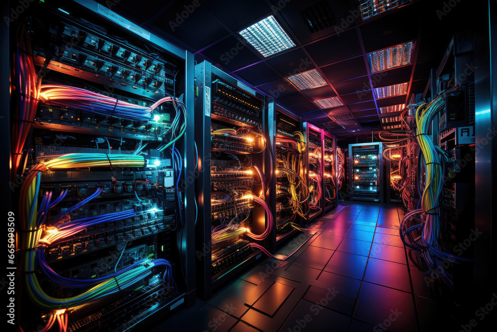 Poster a complex array of wires and cables converging at a data center, where servers process and transmit 