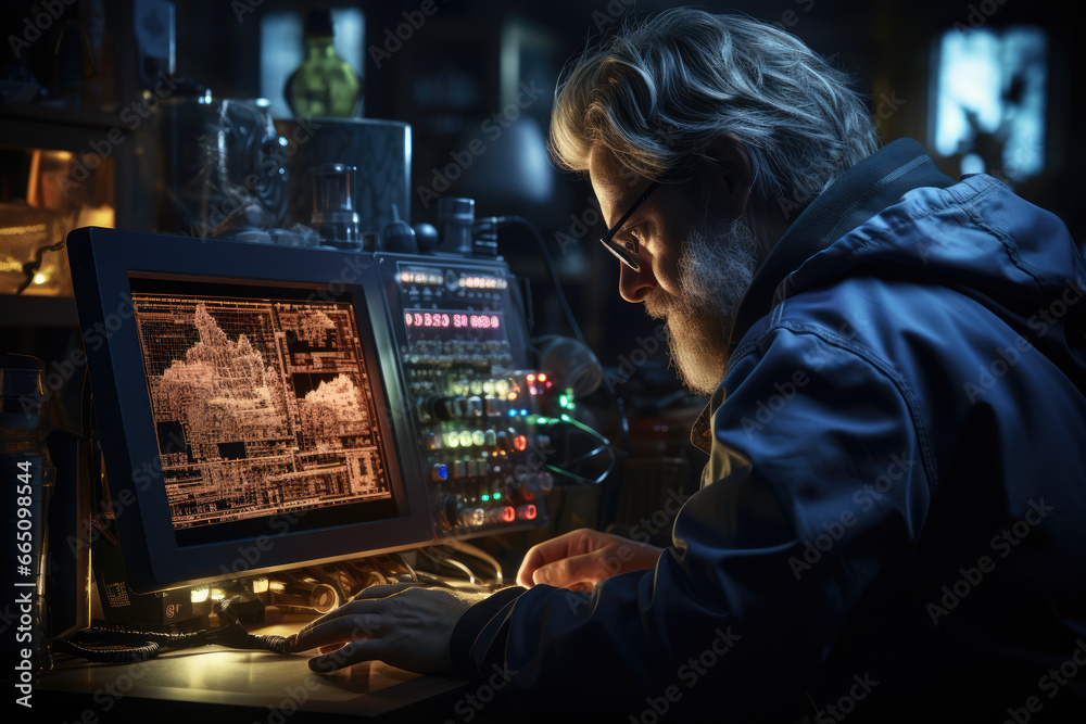 Poster a scientist observing an oscilloscope's display of electrical waveforms, studying the characteristic