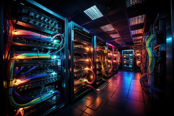 A complex array of wires and cables converging at a data center, where servers process and transmit information worldwide. Concept of data infrastructure. Generative Ai.