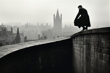 Portrait in the style of a movie still from a psychological thriller. Plot is set in post war London in the 1950's during the Great Smog.