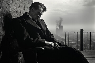 Portrait in the style of a movie still from a psychological thriller. Plot is set in post war London in the 1950's during the Great Smog. © Archlane