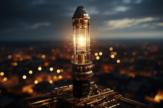 A close-up of a lightning rod perched atop a building, diverting electrical discharge safely to the ground. Concept of lightning protection. Generative Ai.