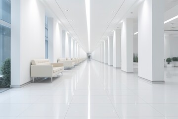 Interior design of a modern luxurious white building corridor or hallway with waiting seat.